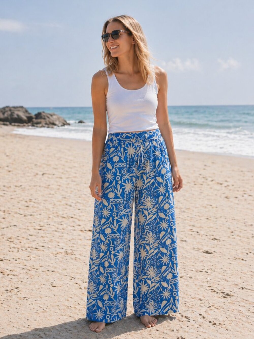 ZARA Blue & White Printed Wide Leg Pants Size S| High Waisted Resort Beach